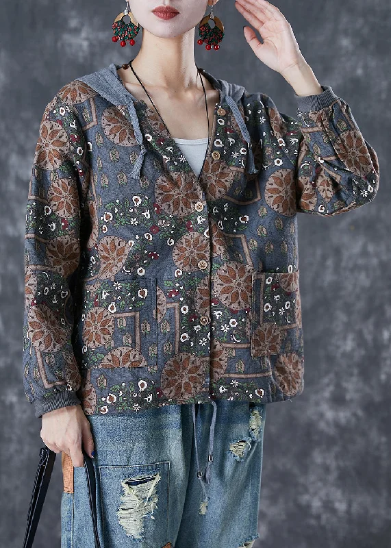 Blue Grey Patchwork Cotton Jackets Hooded Print Fall Toggled Jacket Drawstring Jacket Belted Jacket