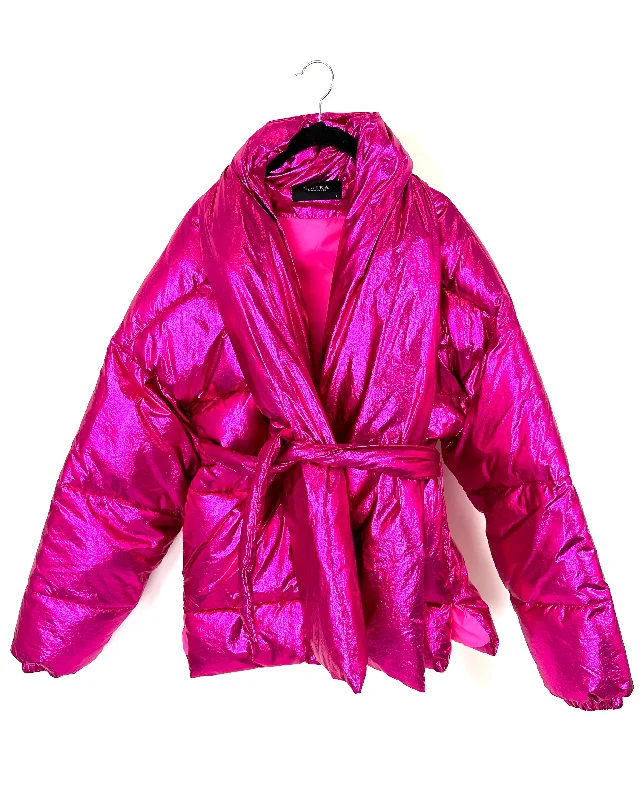 Akira Bright Metallic Pink Puffer Jacket - Size 6/8 Herringbone Jacket Checkered Jacket Solid Jacket