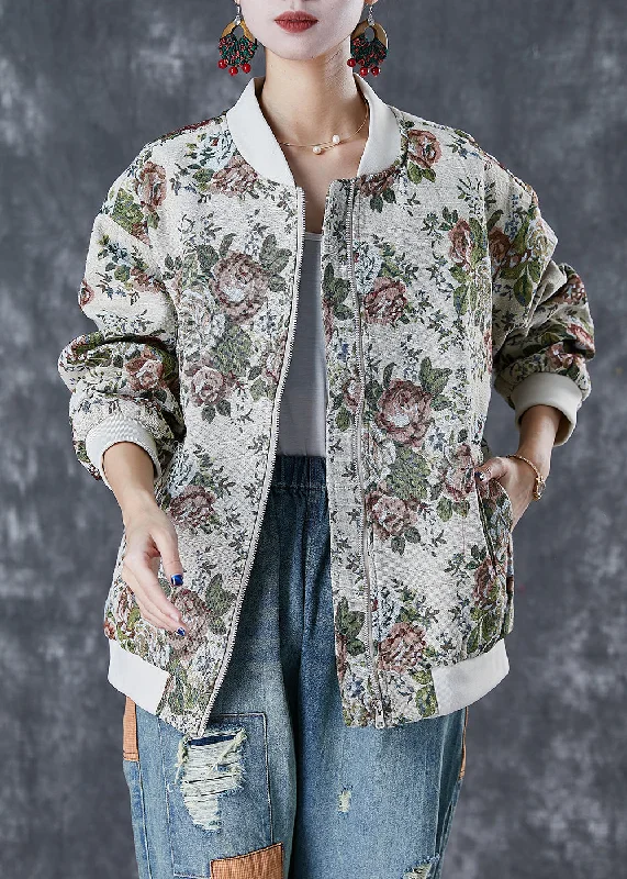 Fashion Beige Oversized Print Cotton Jackets Fall Striped Jacket Polka Dot Jacket Floral Jacket