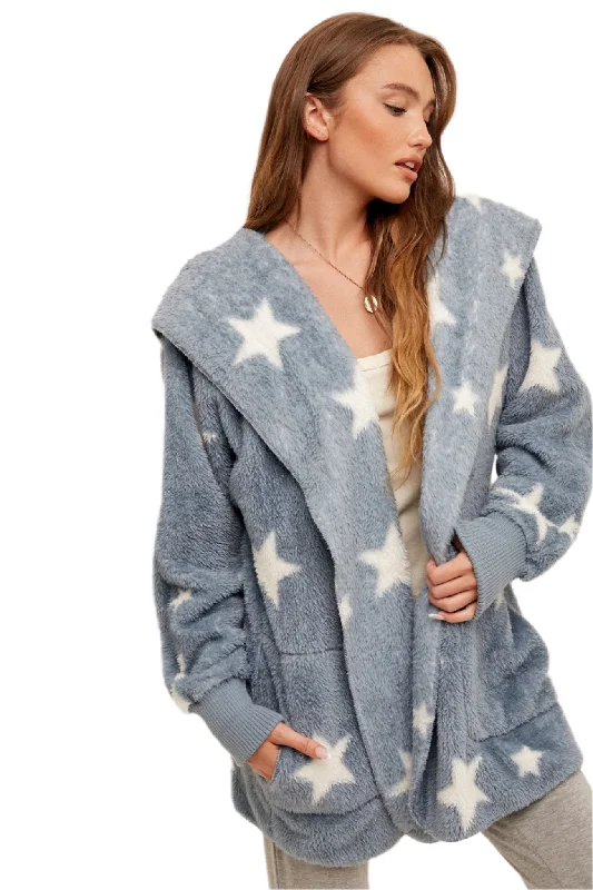 Hem & Thread Star Print Fuzzy Hooded Jacket 8431W Wool Jacket Cashmere Jacket Tweed Jacket