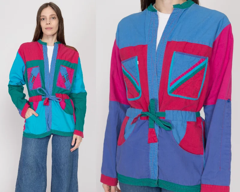 Large 80s Nepalese Reversible Color Block Jacket Zip Front Button Front Snap Front