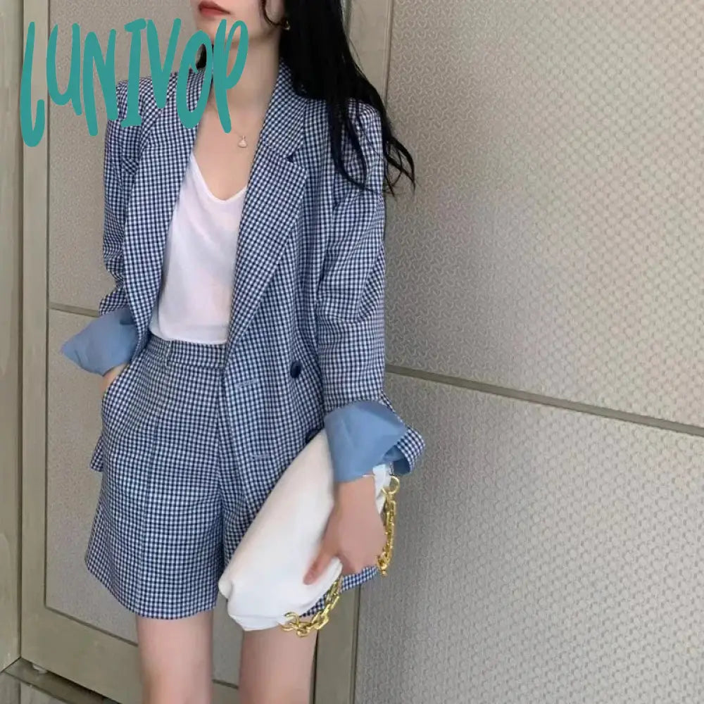 Lunivop Korean Fashion Two Pieces Blazer and Shorts Set for Women Long Sleeve Blue Plaid Jacket Office Lady Casual 2 Pieces Spring Notch Collar Peter Pan Collar Cowl Neck