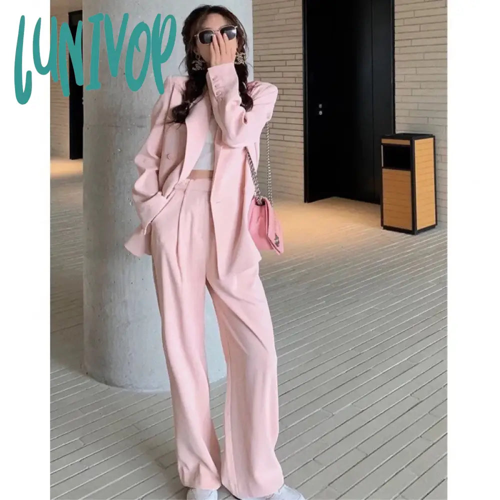 Lunivop Spring Winter Fashion Two Pieces Blazer and Pants Set for Women Pink Clothes Office Lady 2 Pieces Jacket Suit Streetwear Autumn Snapped Jacket Toggled Jacket Drawstring Jacket