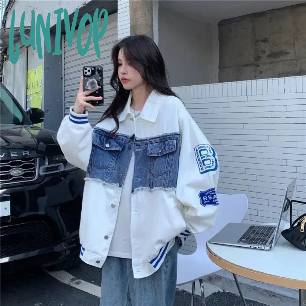 Lunivop Streetwear Bomber Jacket Women Y2K Oversized Denim Patchwork Baseball Coat Vintage Korean Letter Print Casual Outerwear Knit Fabric Woven Fabric Fleece Fabric