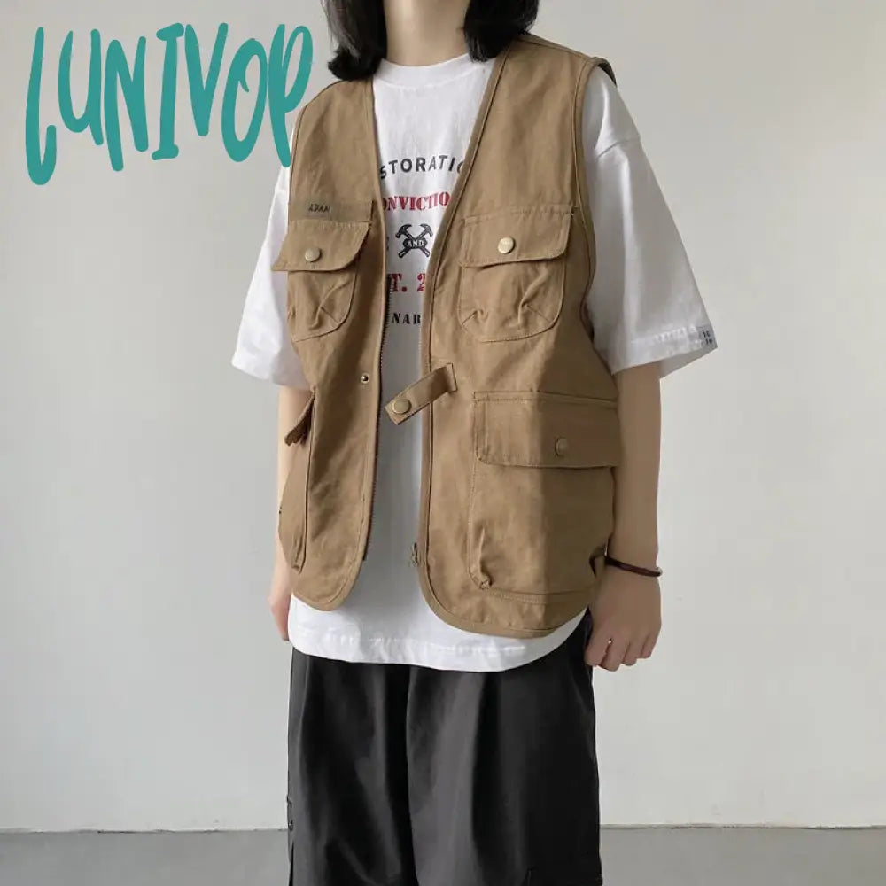 Lunivop Streetwear Cargo Vests Women Button Pocket Sleeveless Loose Jacket Bf Hip Hop Vintage V Neck Chic Casual Tops Thin Coat Embroidered Jacket Appliqued Jacket Beaded Jacket