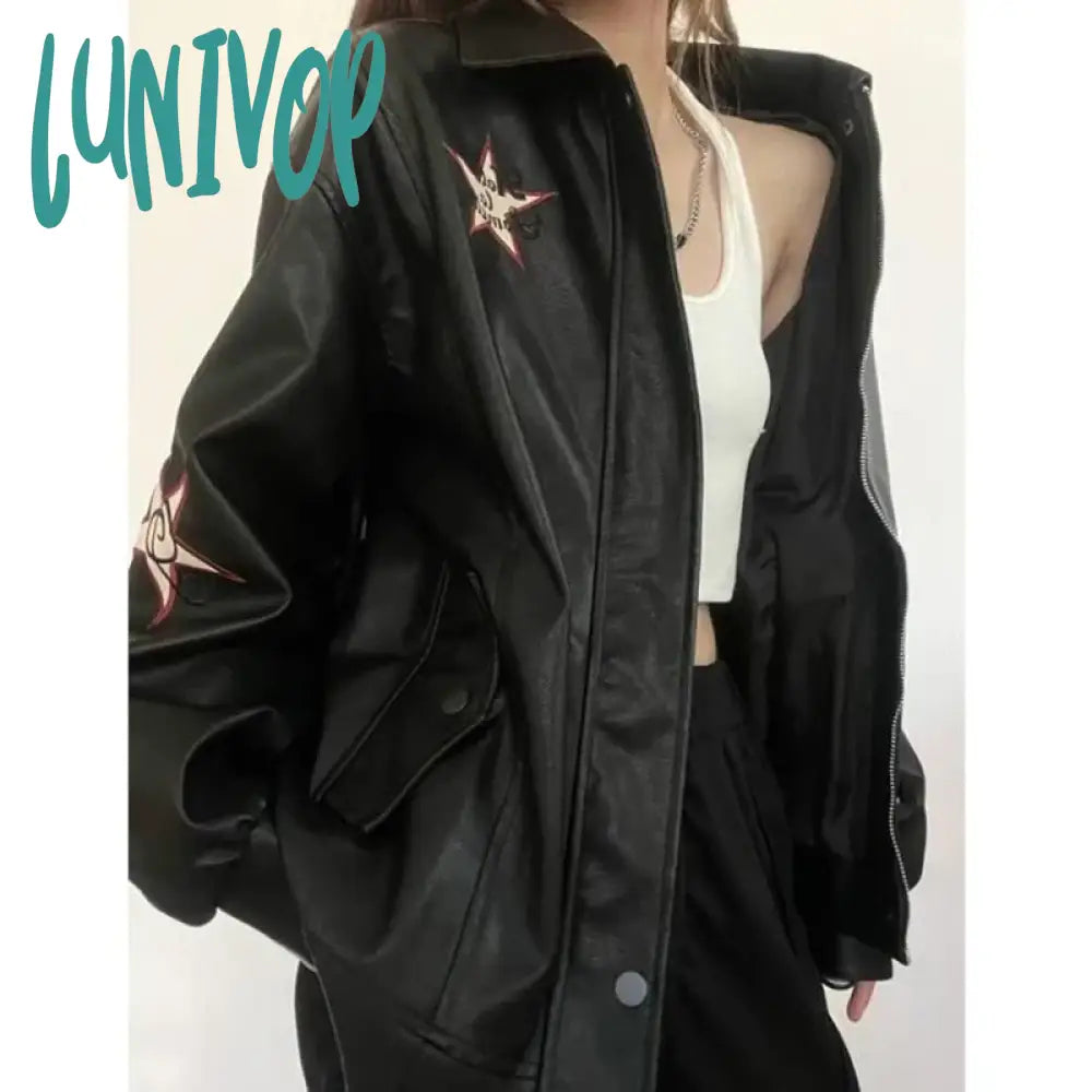 Lunivop Streetwear Pu Leather Jackets Women Oversized Embroidery Coat Harajuku Vintage Turn Down Collar Loose Casual Outwear Tops Knit Jacket Woven Jacket Fleece Jacket