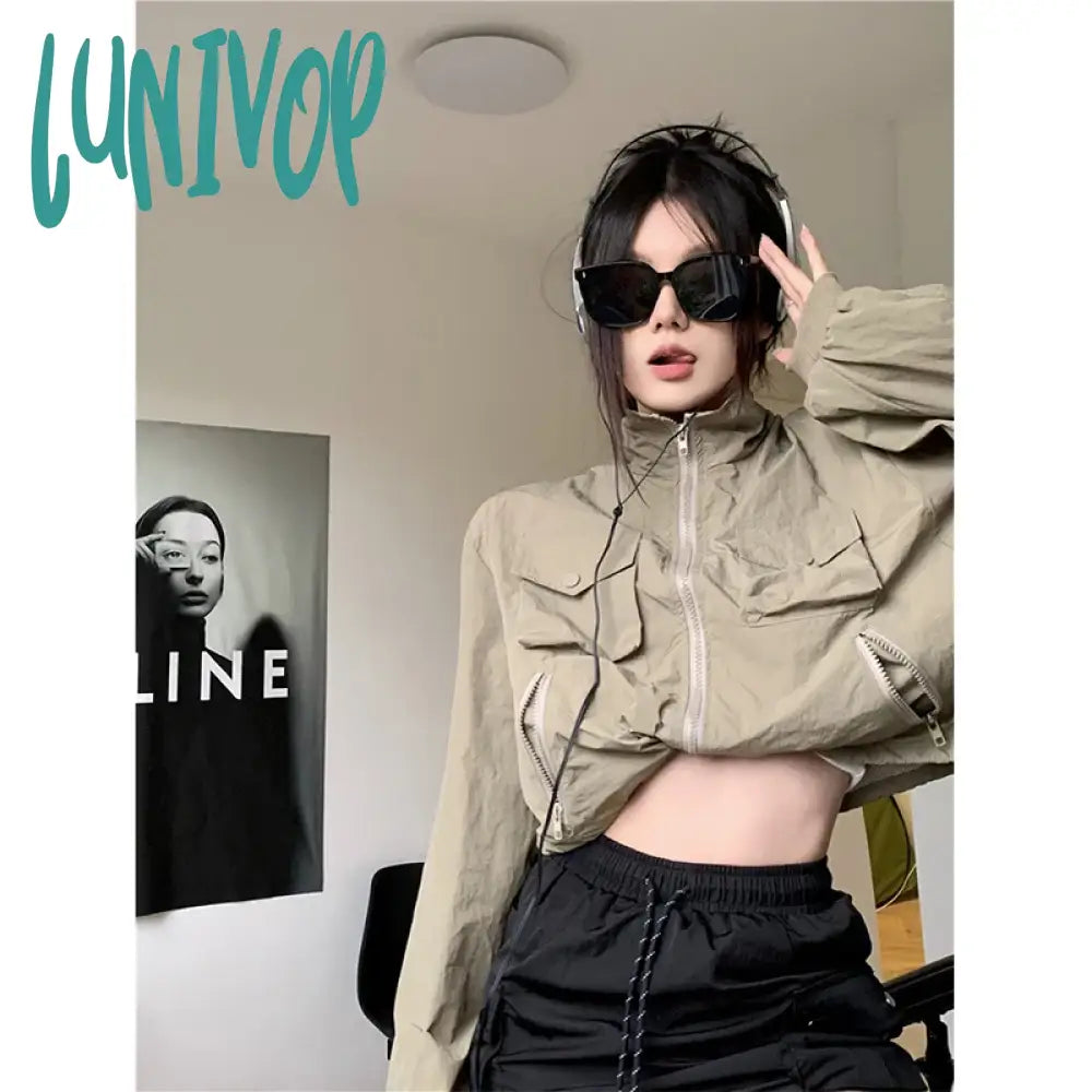 Lunivop Streetwear Y2K Cropped Jackets Women Oversized Sun-Proof Coat Harajuku Vintage Korean Casual Sunscreen Short Outwear Tops Print Jacket Jacquard Jacket Patchwork Jacket