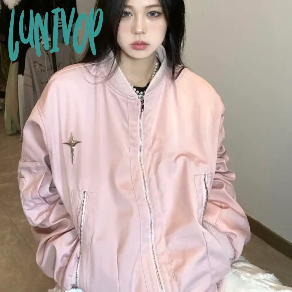 Lunivop Vintage Bomber Jacket Women Oversized Harajuku Fashion Streetwear Star Girl Y2k Pink Baseball Jackets Korean Outdoor Chenille Jacket Brocade Jacket Lace Jacket