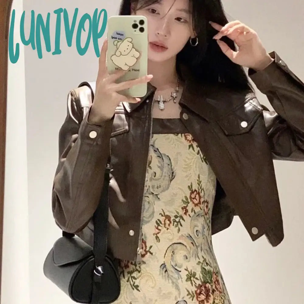 Lunivop Vintage Crop Brown Leather Jacket Women Korean Style Streetwear Fashion Short Motorcycle Jackets Harajuku Chic Elegant Plaid Jacket Tartan Jacket Houndstooth Jacket