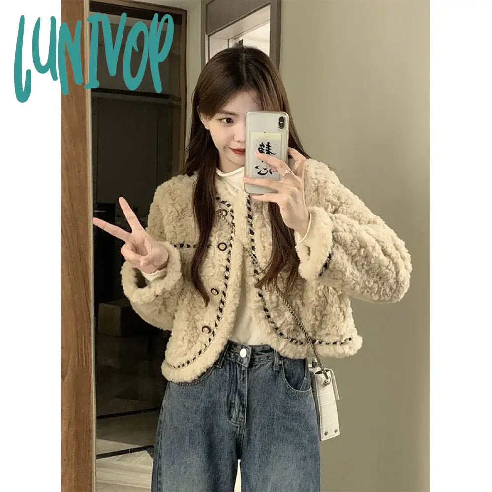 Lunivop Vintage Lamb Wool Coats Women Elegant Cropped Faux Fur Quilted Jacket Winter Ladies Korean Thicken Warm Short Outwear New Zippered Front Buttoned Front Snap Front