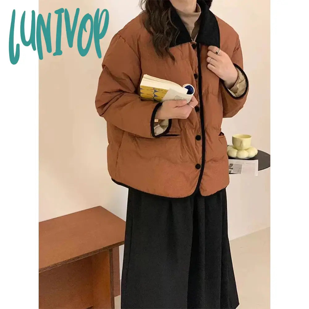 Lunivop Winter Parkas Women Corduroy Patchwork Down Coats Korean Black White Puffer Jacket Ladies Elegant Cotton Padded Outwears Notch Collar Jacket Peter Pan Collar Jacket Cowl Neck Jacket