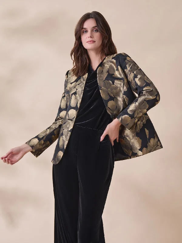 Printed Collarless Jacket, Jacquard Tiered Jacket Buttoned Jacket Zippered Jacket