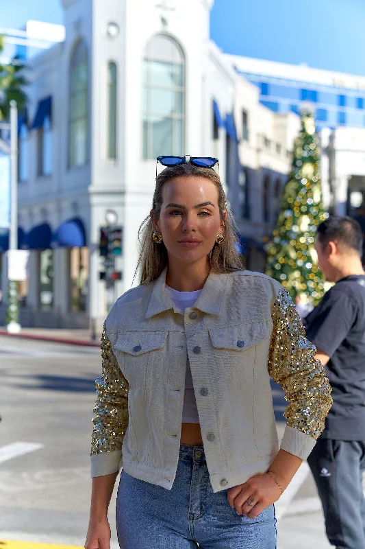 Sequin Denim Jacket Zippered Front Buttoned Front Snap Front