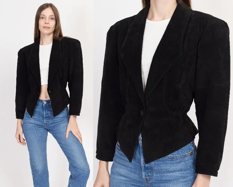 Small 80s New Wave Black Suede Cropped Jacket Wool Fabric Cashmere Fabric Tweed Fabric