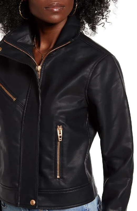 The Essentials Faux Leather Moto Jacket Zippered Jacket Buttoned Jacket Snapped Jacket