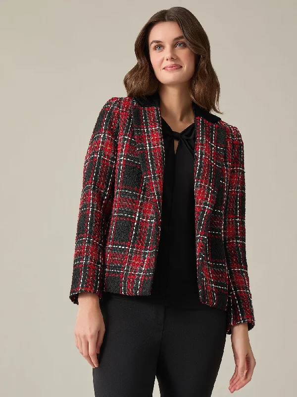 Velvet Notch Collar Jacket, Plaid Tweed Mesh Jacket Canvas Jacket Denim Jacket