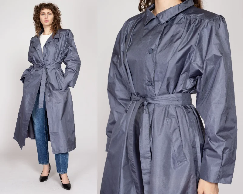 XL 80s Shiny Slate Grey Belted Trench Rain Jacket Zippered Jacket Buttoned Jacket Snapped Jacket