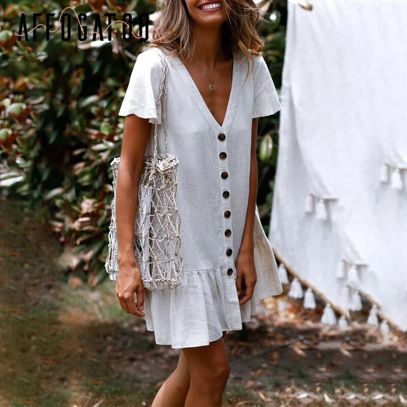 Affogatoo Casual v-neck summer cotton linen dress women Ruffle buttons loose mini dress Holiday beach shift dresses ladies 2019 Classic Solid Mini Dress