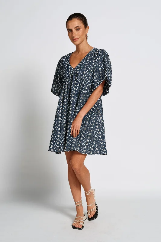 Arizona Babydoll Mini Dress - Indigo / Cream Casual Button-Up Mini Dress