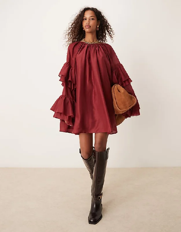 Frill sleeve voile mini dress in burgundy Elegant Satin Mini Dress