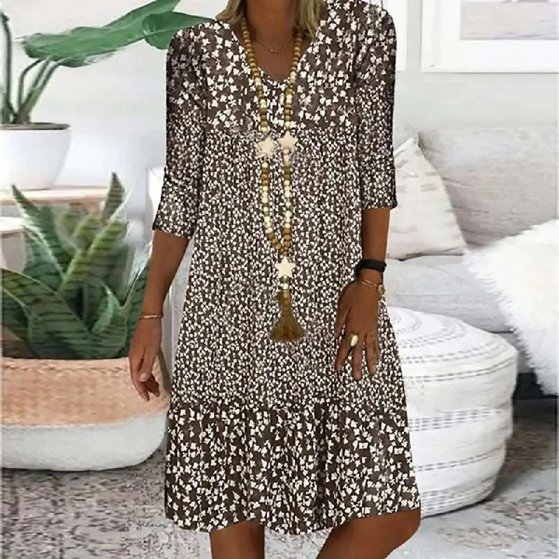 Brown and White Abstract Print Prairie Mini Dress Trendy Wraparound Mini Dress