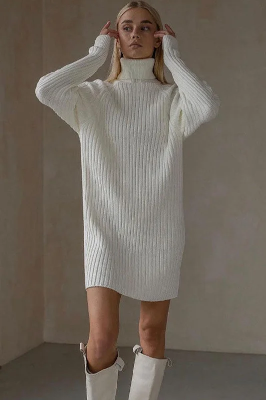 Chic Turtleneck Long Sleeve Chunky Ribbed Knit Winter Sweater Mini Dress - White Comfortable Shift Mini Dress