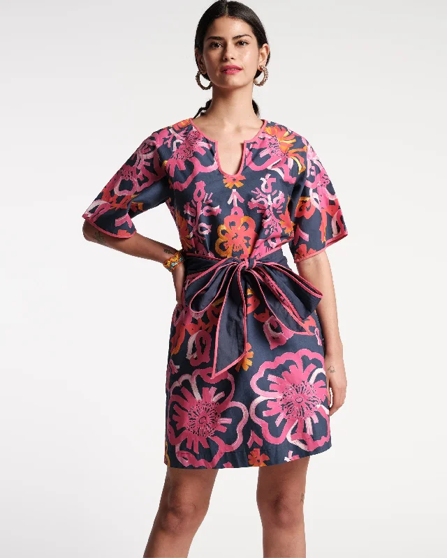 Doris Mini Dress Cotton Poplin Graphic Gerbera Print Chic Tropical Mini Dress