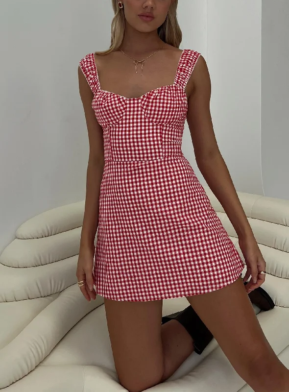 Faubert Mini Dress Red Gingham Trendy Floral Mini Dress