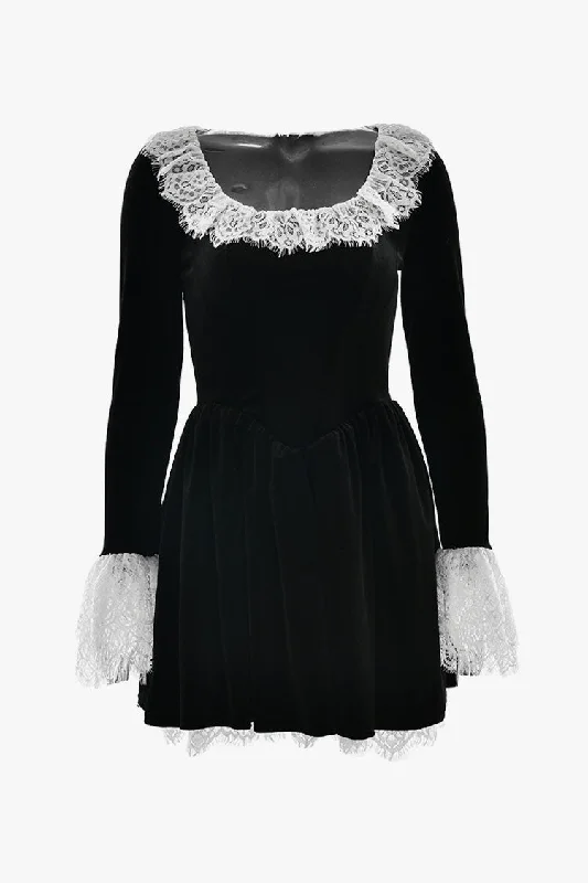 French Style Layered Lace Long Sleeve Drop Waist Velvet Party Mini Dress Cozy Ribbed Mini Dress