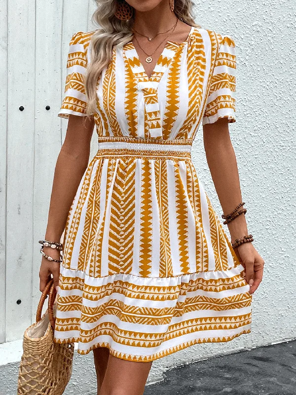 Geometric Notched Short Sleeve Mini Dress Comfortable Off-Shoulder Mini Dress