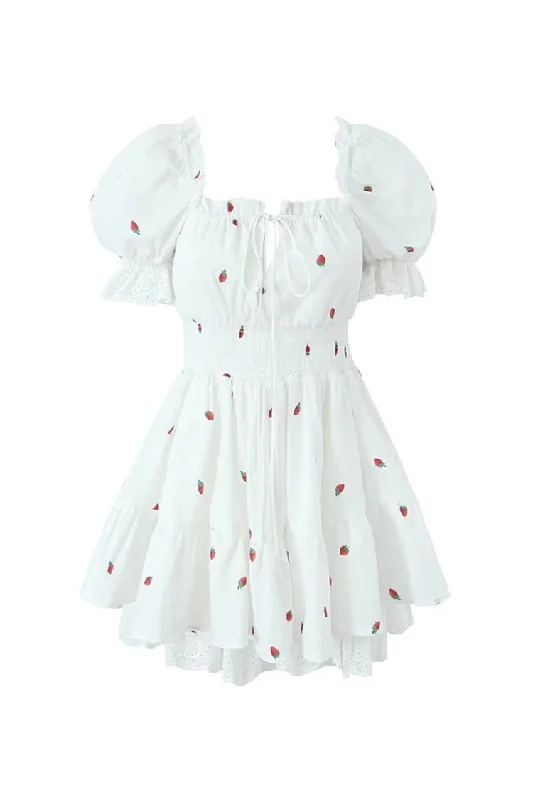 Girlish Strawberry Print Tie Neck Smock Waist Summer Lace Tiered Mini Dress Cozy Ruched Mini Dress