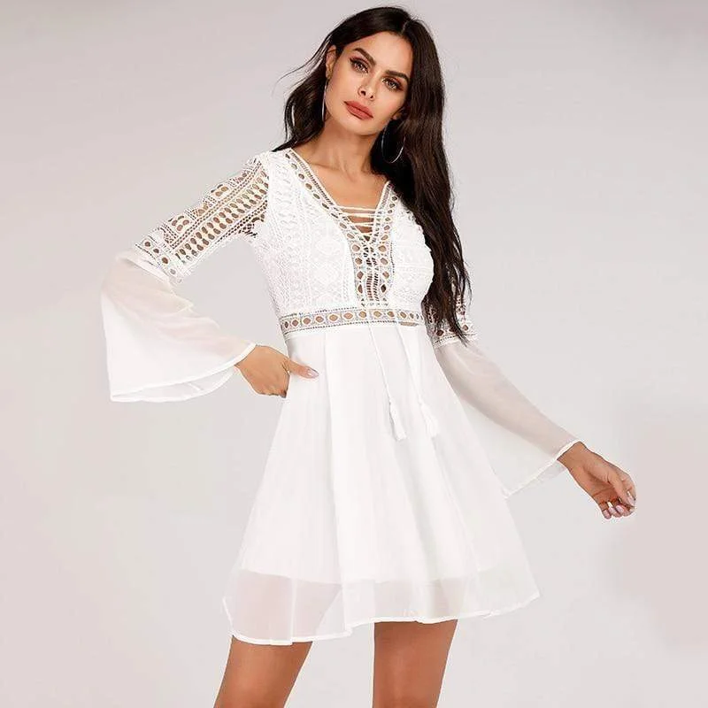 Hermione Crochet Mini Dress Elegant Mini Dress with Pleats