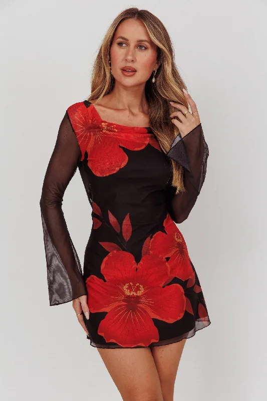 Isabella Long Sleeve Backless Mini Dress Hibiscus Black Chic Tropical Mini Dress