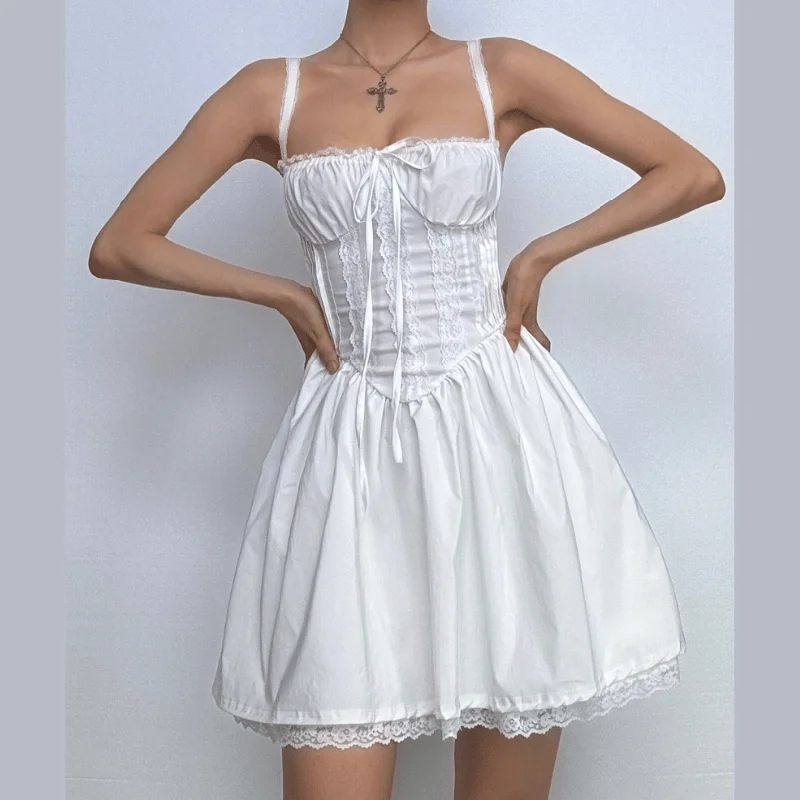 Lace hem lace up ruched backless square neck mini dress Fashionable Mini Dress with Pockets