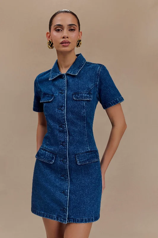 Leighton Denim Button Down Mini Dress - Dark Blue Cozy Knitted Mini Dress