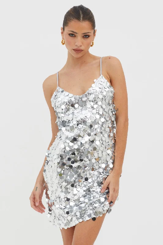 Moon Dust Sequin Mini Dress Silver Comfortable Off-Shoulder Mini Dress