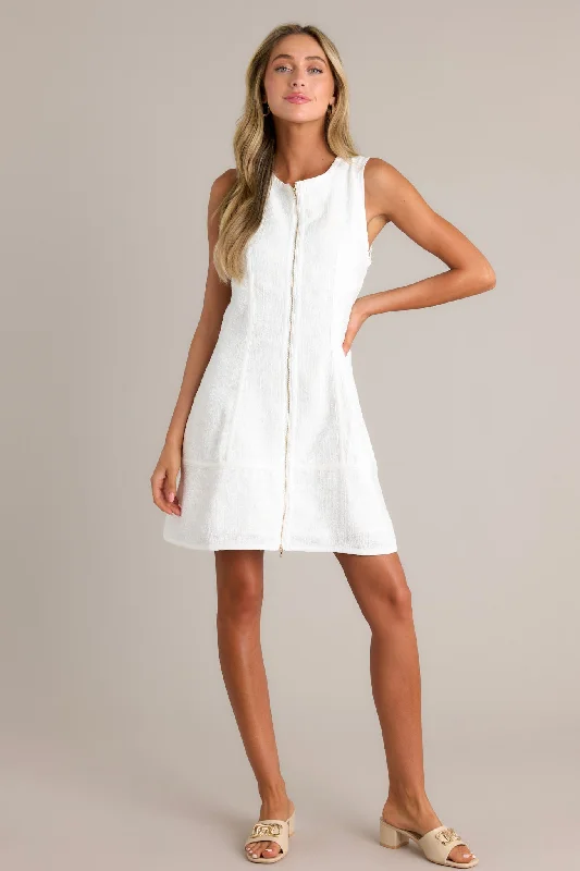 Posh Perfection Ivory Tweed Zip Front Mini Dress Trendy Cut-Out Mini Dress