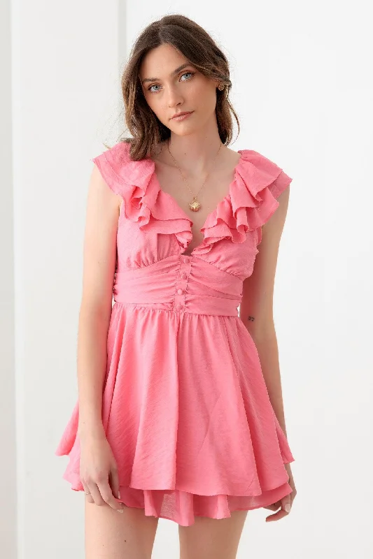 Doll Pink Ruffle Detail Front Button Romper Mini Dress Fashionable Party Mini Dress