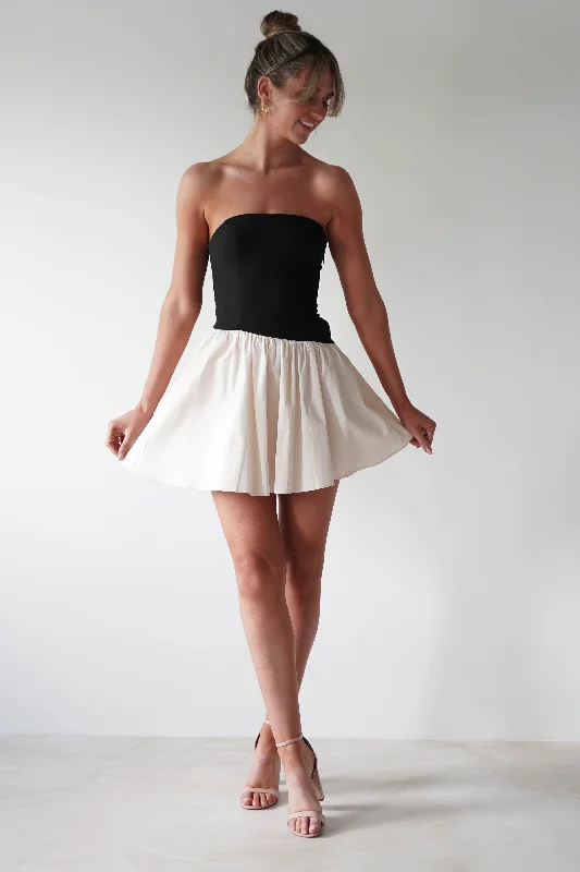 Saskia Strapless Mini Dress | Black/Cream Stylish Short Sleeve Mini Dress