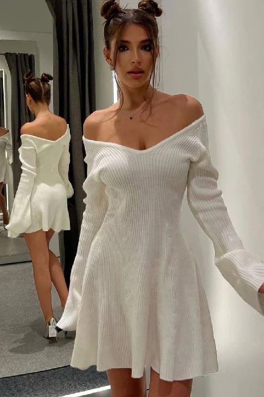 Sexy Deep V Neck Long Sleeve A Line Ribbed Knit Winter Party Mini Dress - White Cozy Satin Mini Dress