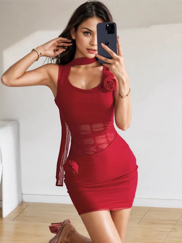 Sheer Waist Red Bodycon Mini Dress Elegant Mini Dress with Pleats