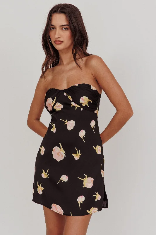 Sian Strapless Sweetheart Mini Dress Flowers Black Fashionable Off-Shoulder Mini Dress