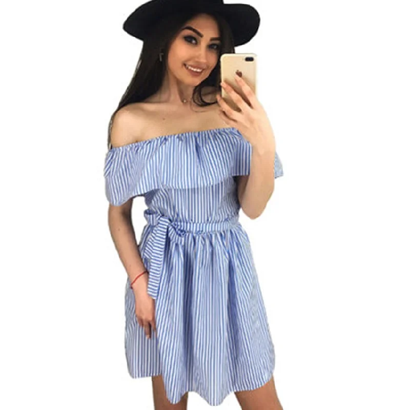 Slash Neck Sashes Striped A-line Dress Women Sexy Summer Beach Off Shoulder Mini Dresses Ladies Elegant Elastic Waist Dress New Trendy Floral Mini Dress