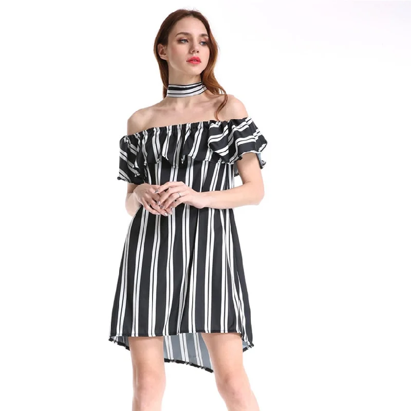 Slash Neck Striped Ruffles Belt A-line Mini Dress Sexy Off Shoulder Loose Dresses Summer Ladies Fashion Elegant Dress Plus Size Classic Solid Mini Dress