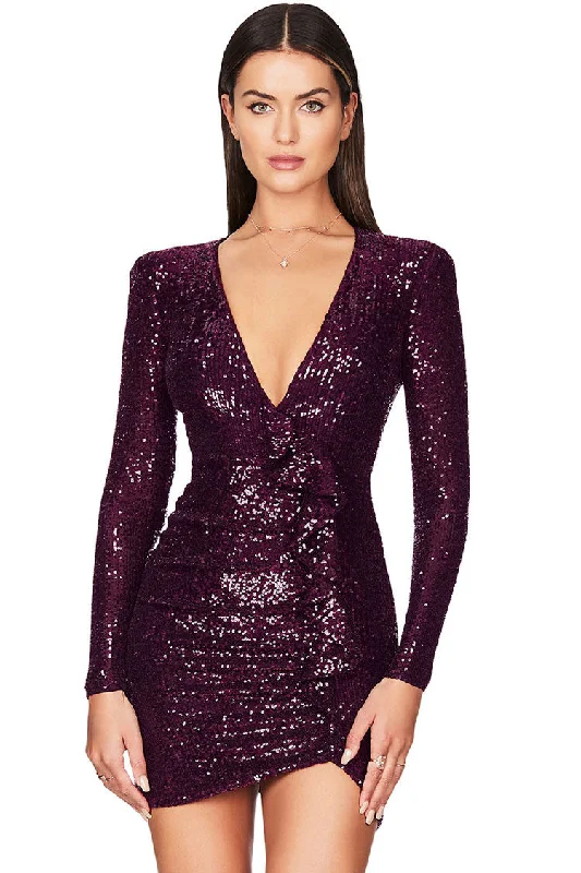 Sparkly Galaxy Long Sleeve Ruffle Deep V Sequin Mini Dress - Burgundy Fashionable A-Line Mini Dress