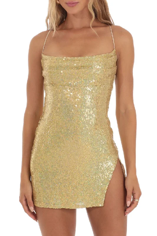 Sparkly Pleated Trim Sleeveless Slit Bodycon Sequin Party Mini Dress - Gold Trendy Mini Dress with Belt