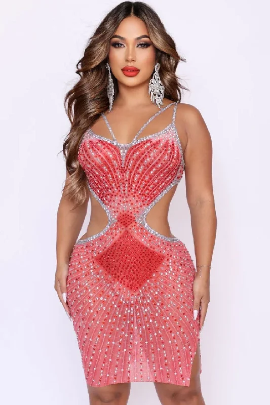 Sparkly Rhinestone V Neck Sheer Mesh Cutout Party Mini Dress - Red Trendy Camisole Mini Dress