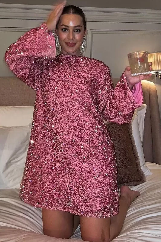 Sparkly Sequin Bow Tie Long Sleeve Oversized Velvet Party Mini Dress - Hot Pink Elegant Off-Shoulder Dress Mini