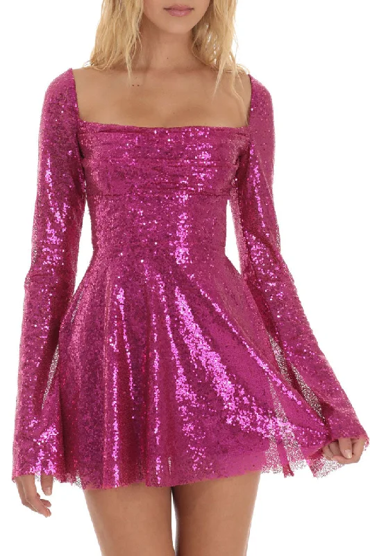 Sparkly Sequin Pleated Square Neck Bell Sleeve Skater Party Mini Dress - Hot Pink Cozy T-Shirt Mini Dress