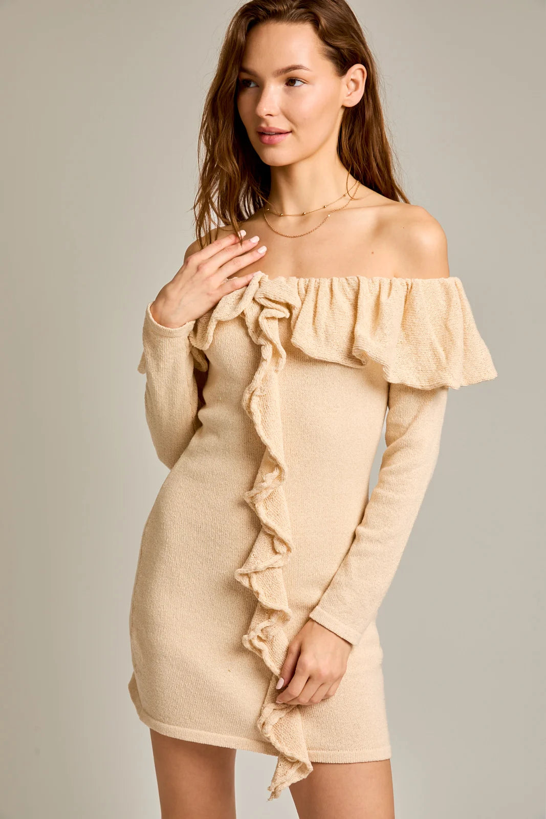 Off The Shoulder Ruffle Long Sleeve Sweater Mini Dress Comfortable Boho Mini Dress